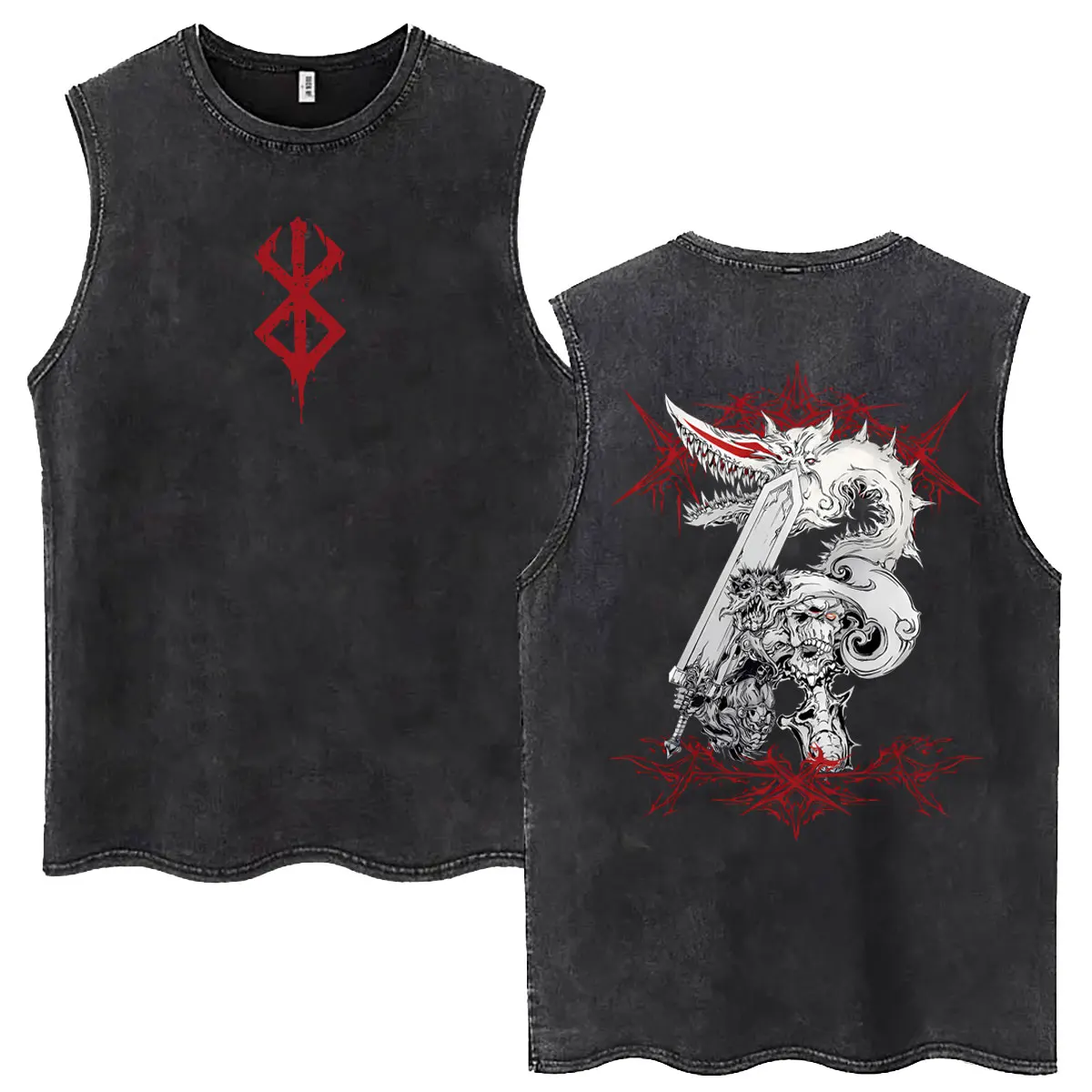 Anime Berserk Guts Vintage Washed Tank Tops Retro Manga Gatsu Griffith Zodd Merch Sleeveless T Shirt Men Women Oversized T-shirt