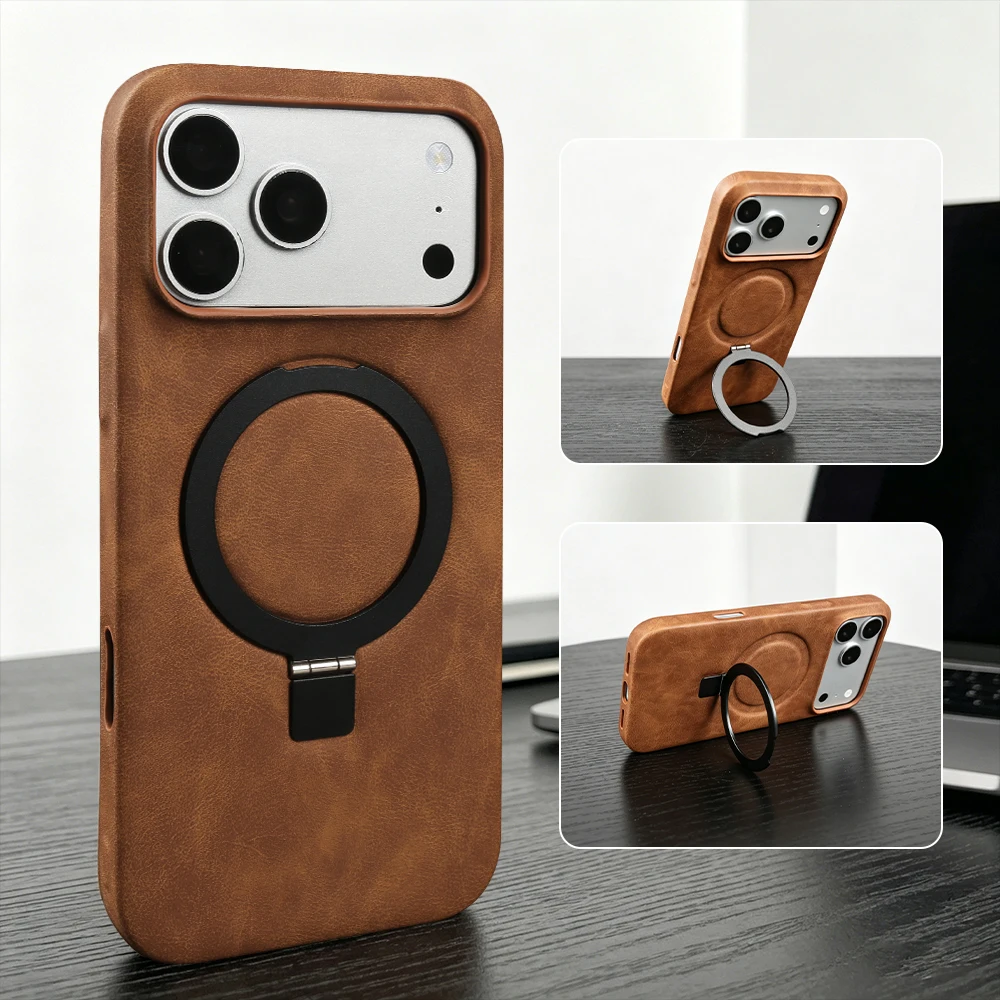 

For Magsafe Case For iphone 17 Pro Max Air 17e 16e 12 13 Mini 14 15 16 Pro Max Phone Case Magnetic Bracket Leather Back Cover