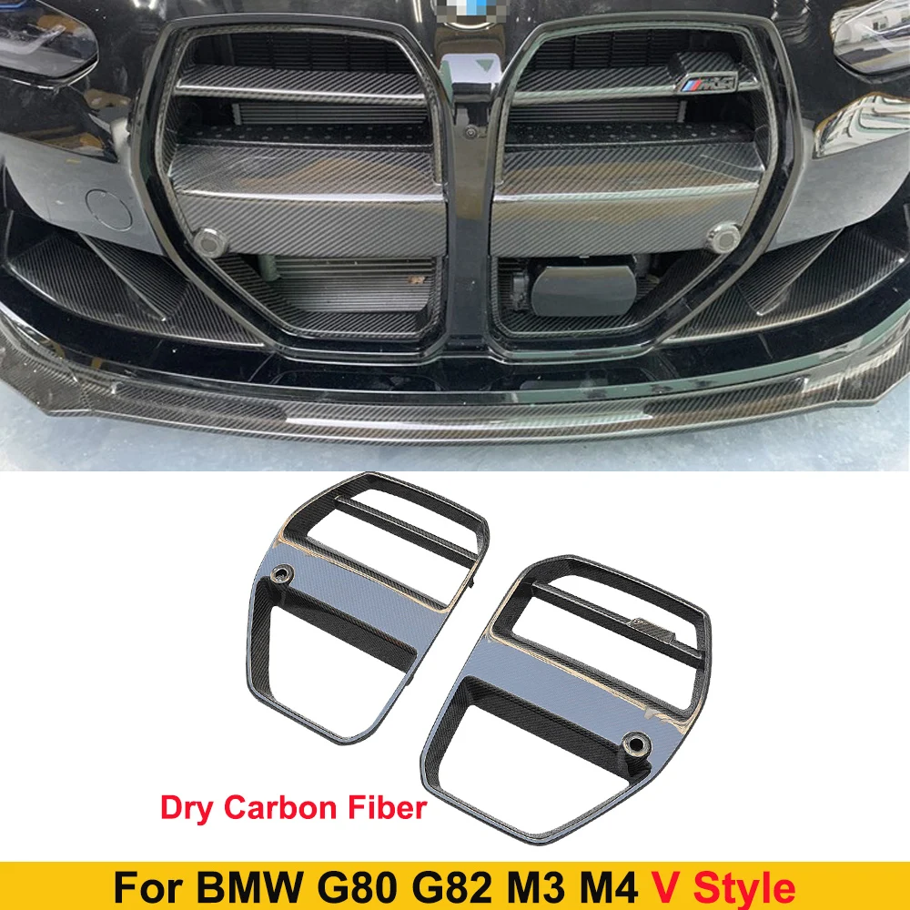 For BMW M3 M4 G80 G82 2021UP Dry Carbon Fiber Front Bumper V Style Front Grille Trim Strips Replacement Racing Grills Cover