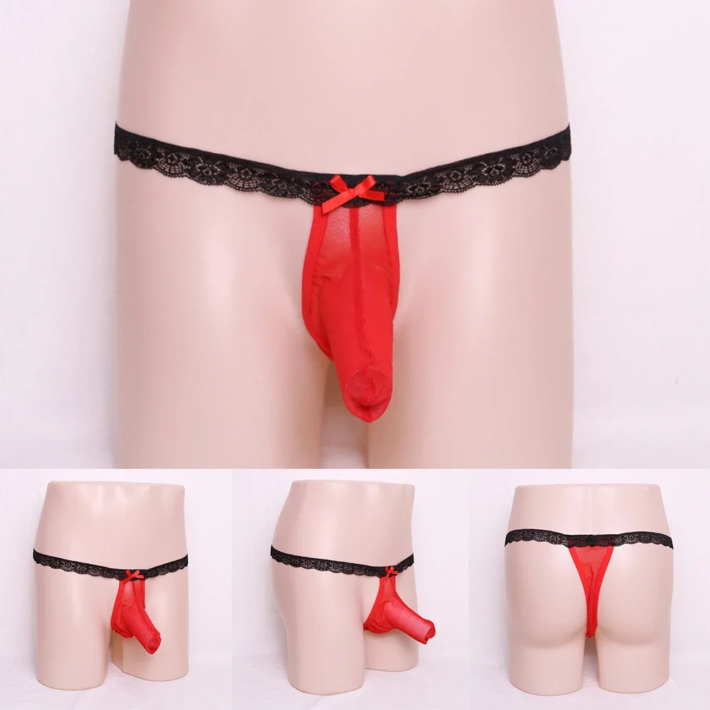 Men Sexy Lace See Through G-string Underwear Thongs Briefs T-Back Underpants Buttocks Hollow Thong Open Butt