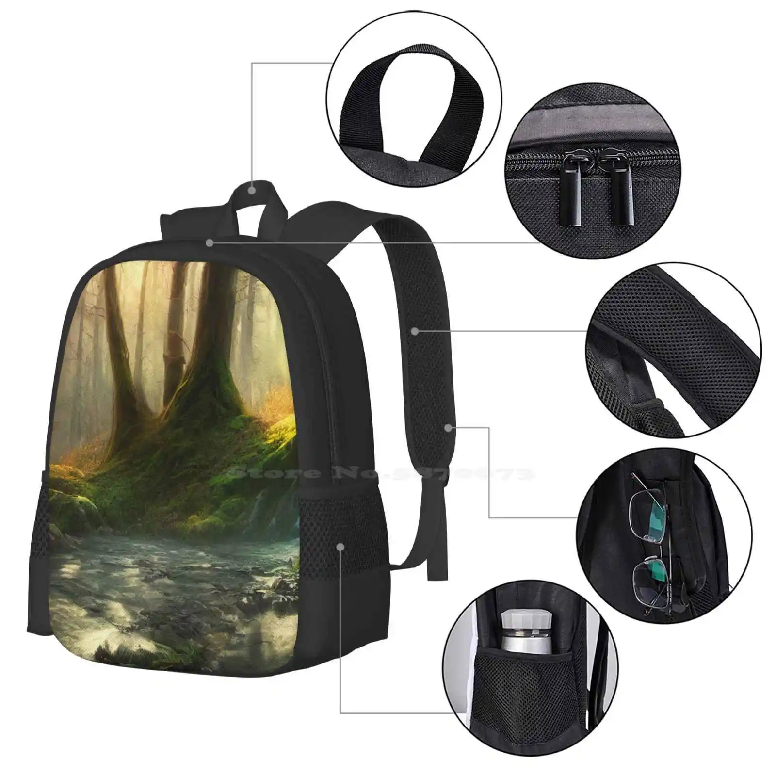 Lost Respite Hot Sale Backpack Fashion Bags Water River Forest Landscape Trees Moss Floral