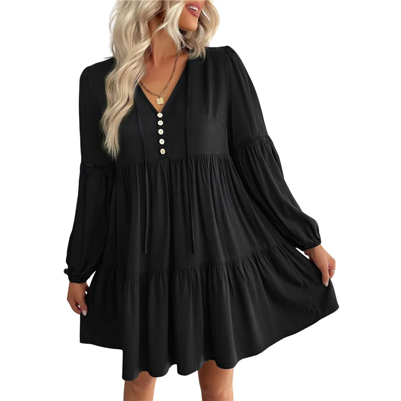 Sukienki damskie CYL z długim rękawem, krótkie, z dekoltem w serek, jesienne, codzienne, luźne, zwiewne, z falbanami, idealne na wakacje, w stylu boho.