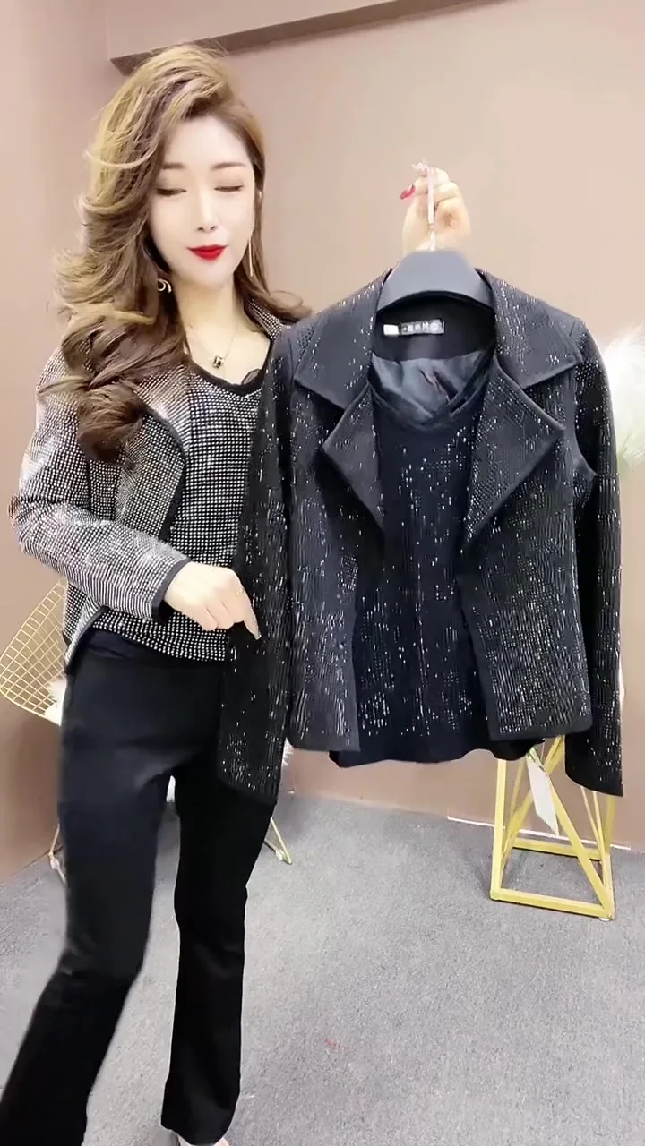 Black Coat Women\'s Korean Style Slim-Fit Long Sleeve Short Suit Jacket Fall 2023 Hot Drilling Shiny Suit Blazer Casacos Feminino