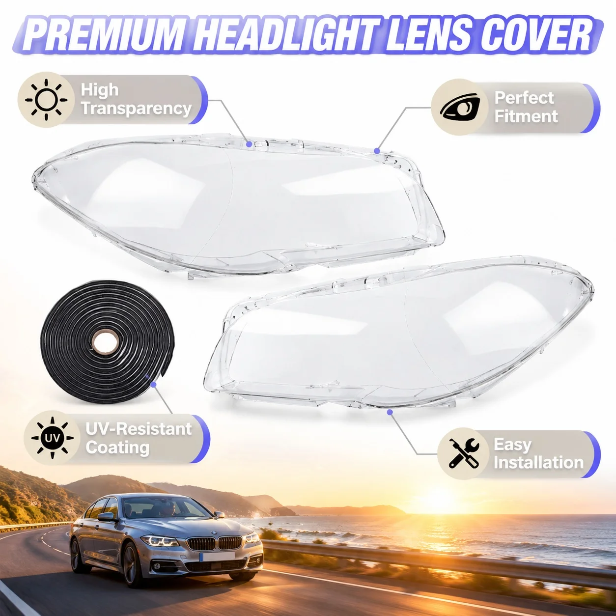 Set di alloggiamento per lente trasparente del faro anteriore, con sigillante in butile incluso, per BMW F10 F18 Serie 5 2010-2014, ricambio trasparente, antiappannamento, impermeabile, facile da