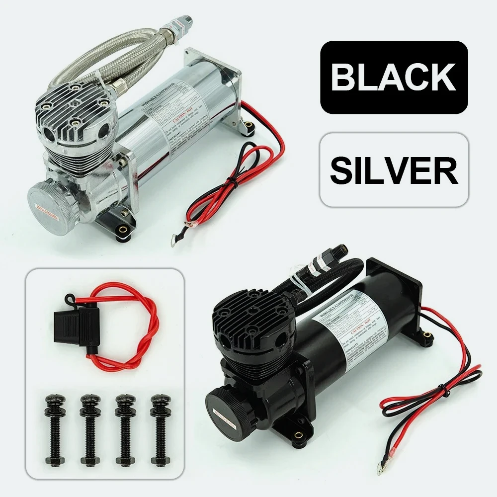 

Kit de bomba de compresor de suspensión neumática, Universal 3/8NPT 1/4NPT 200PSI 480C 12V, Cromo/negro