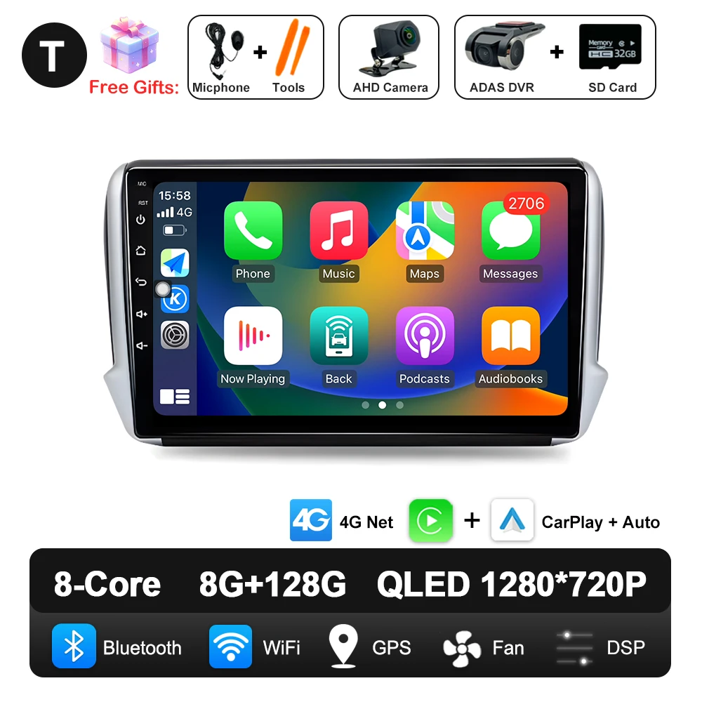 Android 16 Navigatie Multimedia Speler Carplay Auto Stereo BT video Autoradio voor Peugeot 2008 208 Serie 2012 2013 2014 - 2018