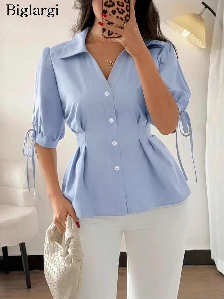 

Summer Shirts Women Slim Waist Fashion Irregular Pleated Ladies Blouses Short Sleeve Casual Woman Shirt