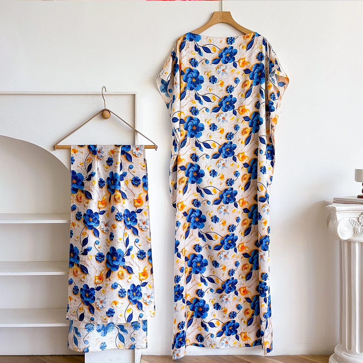 Summer New Fashion African Dresses for Women, Elegant Printed Silk Muslim Lady Long Hijab Kaftan Dress with Oversize Scarf, Kuwa