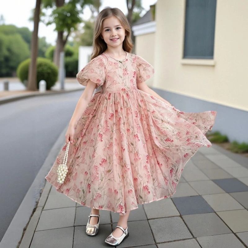 

Girls Princess Dress Summer 2026 New Children Puff Sleeve Long Dress for Kids Sweet Print Loose Dresses 13 14 15 Y Teen Colthes