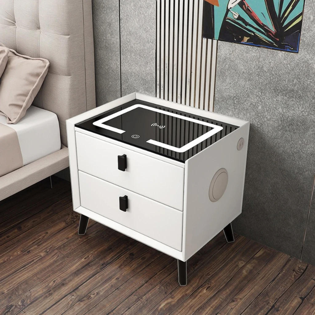 Nowoczesny inteligentny stolik nocny z ekranem dotykowym, oświetleniem LED i szufladą do przechowywania, meble do sypialni.