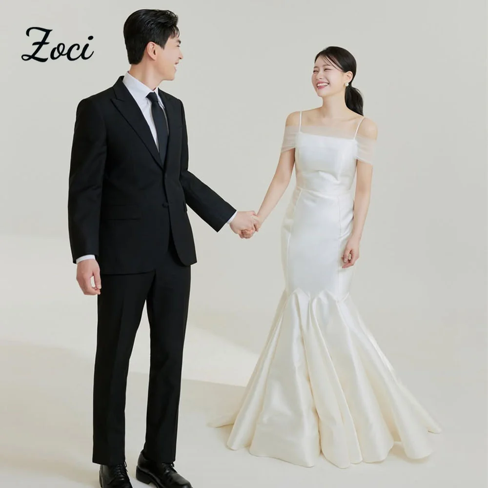 

Zoci Ivory Satin Mermaid Wedding Dresses Photos Shoot Gown Customized Drap Satin Long Korea Wedding Reception Party Dresses