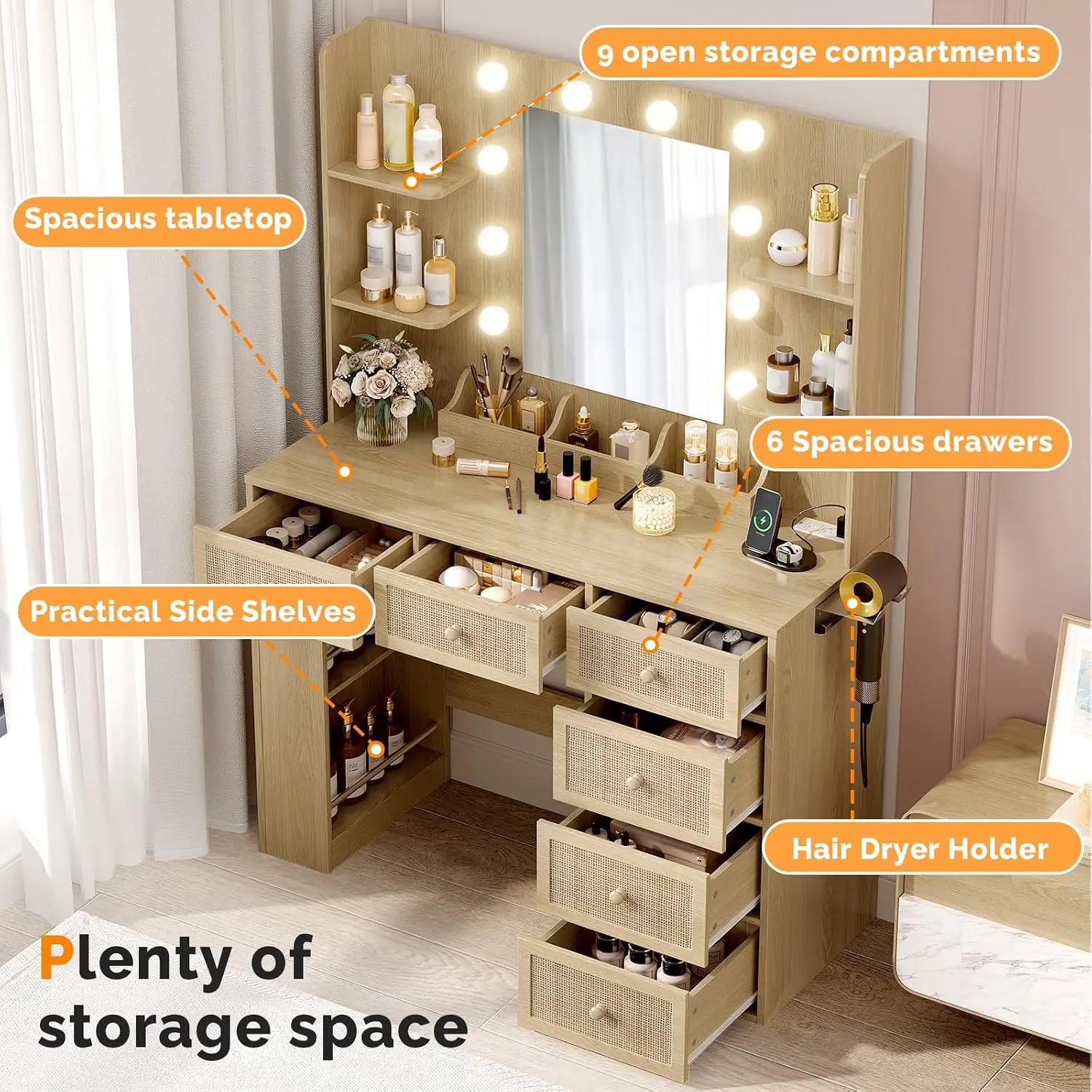 Vanity Desk with Mirror and Lights, Rattan Makeup Vanity Table w/ 6 Storage Drawers & Shelevs, 58in Oak Dressing, Customized
