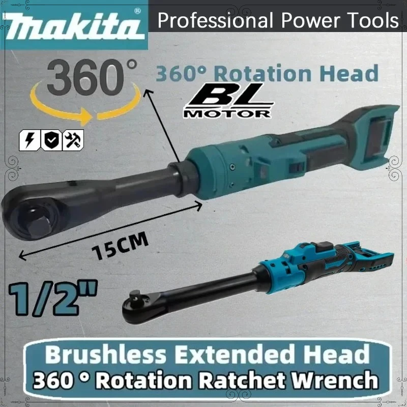 Clé à cliquet électrique sans fil Makita 18V, tête allongée 3/8'', 220 N.m, outil électrique pour le démontage d'écrous à angle droit