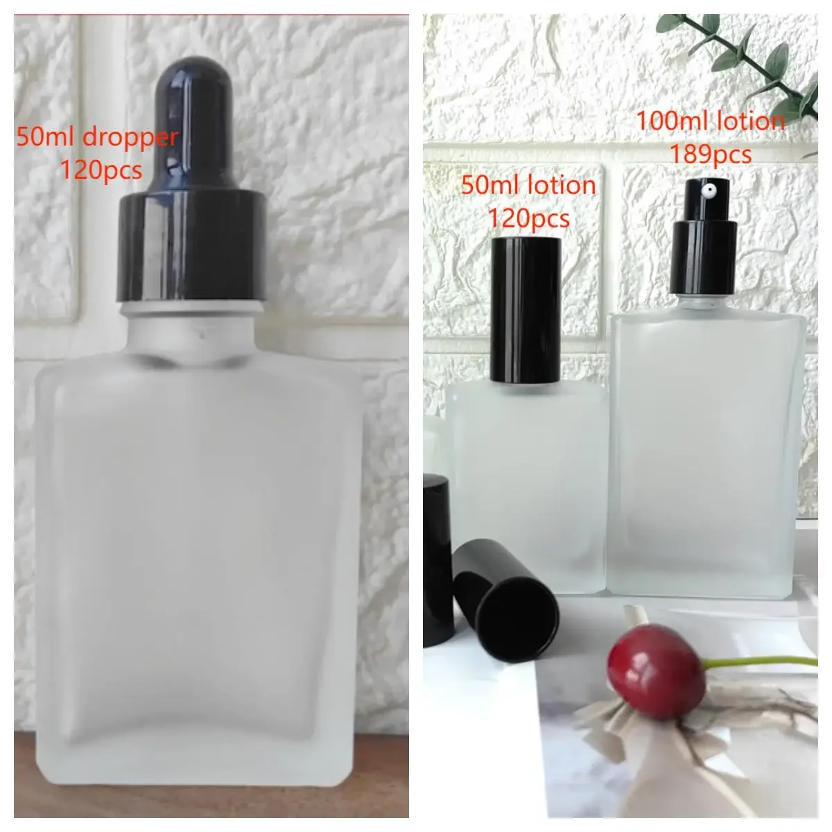 Garrafa de vidro banhada a prata com tampa de spray prateada, garrafa de vidro fosco com loção de plástico preta/tampa conta-gotas, garrafas de soro facial