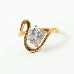 Big Square Crystal Stone Engagement Wedding Ring for Women PVD Gold Plated Titanium Steel Ring
