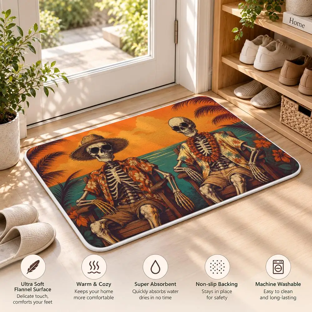 Beach Holiday Skeleton Floor Mat Soft Flannel Rug Non Slip Washable Quick Dry Door Mat for Bathroom Kitchen Bedroom Home 4