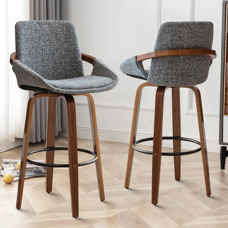 Retro moderno Bar Stools Set, meados do século Bar cadeiras, carvão vegetal cinza, olhar de linho, tecido estofado, 2 polegadas, 25,6 polegadas