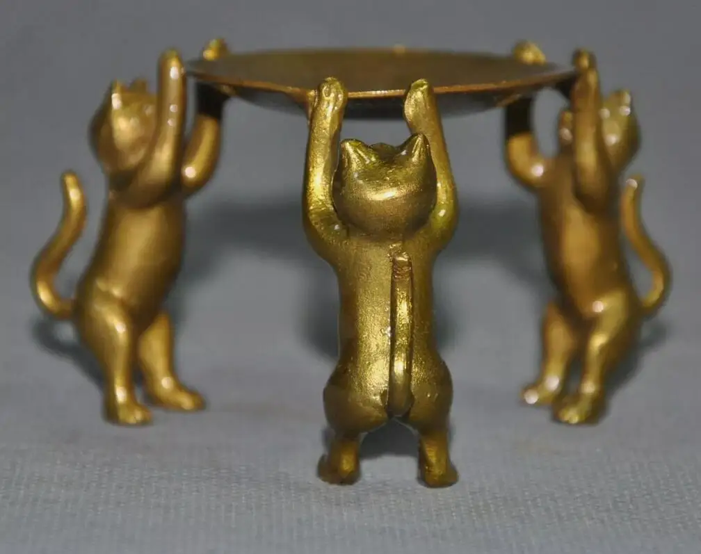 

3" Exquisite China Bronze cat Statue Oil Lamp Candlestick Art Deco Sculpture