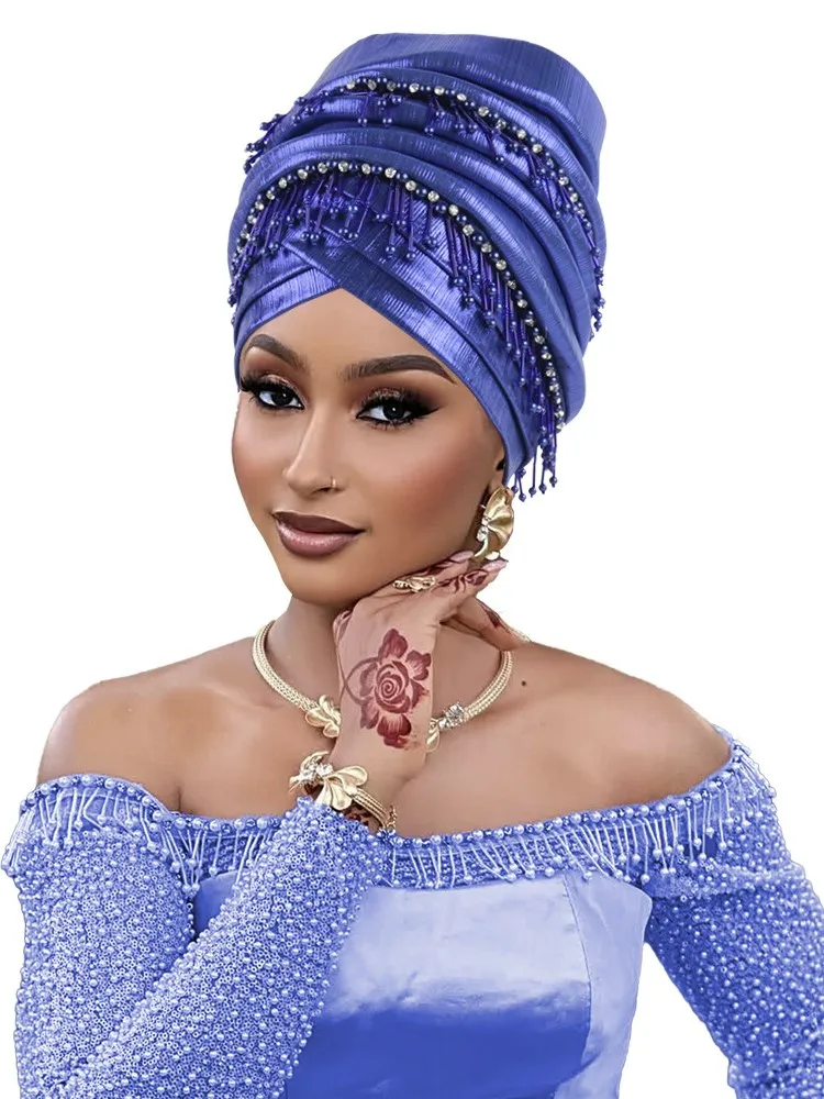 بريق كامل الجسم مطوي قبعة عمامة للنساء 2025 سيدة أشرطة رأس حجاب إسلامي قبعة Turbante Mujer غطاء الرأس الأفريقي