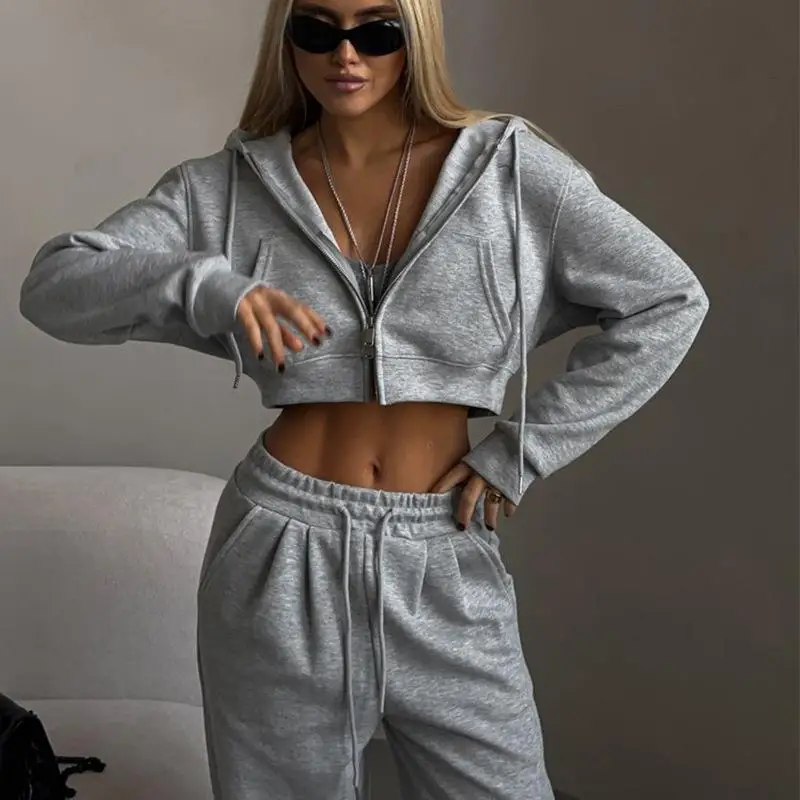 

Casual Pure Color Hooded Open Cardigan Belted Sport Pants Women's Set ort Length Baring Waist Autumn New Sle Low Waist PVC