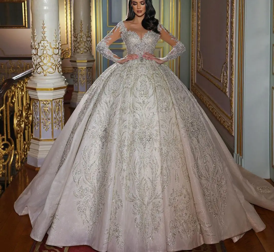 Luxury Ball Gown Wedding Dresses Long Sleeves V Neck Sequins Appliques Beaded 3D Lace Ruffles Bridal Gowns Vestina De Novia