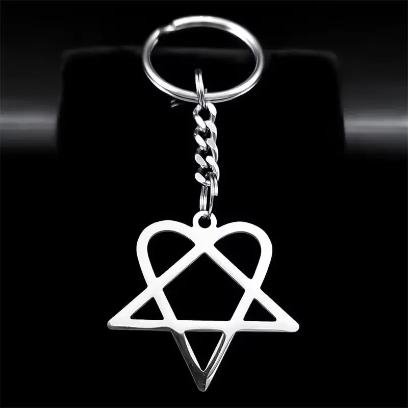 Rock Music Him Heartagram Star Heart Key Ring Stainless Steel Silver Color Men Women Bag Charm Keychain Party Gift Jewelry