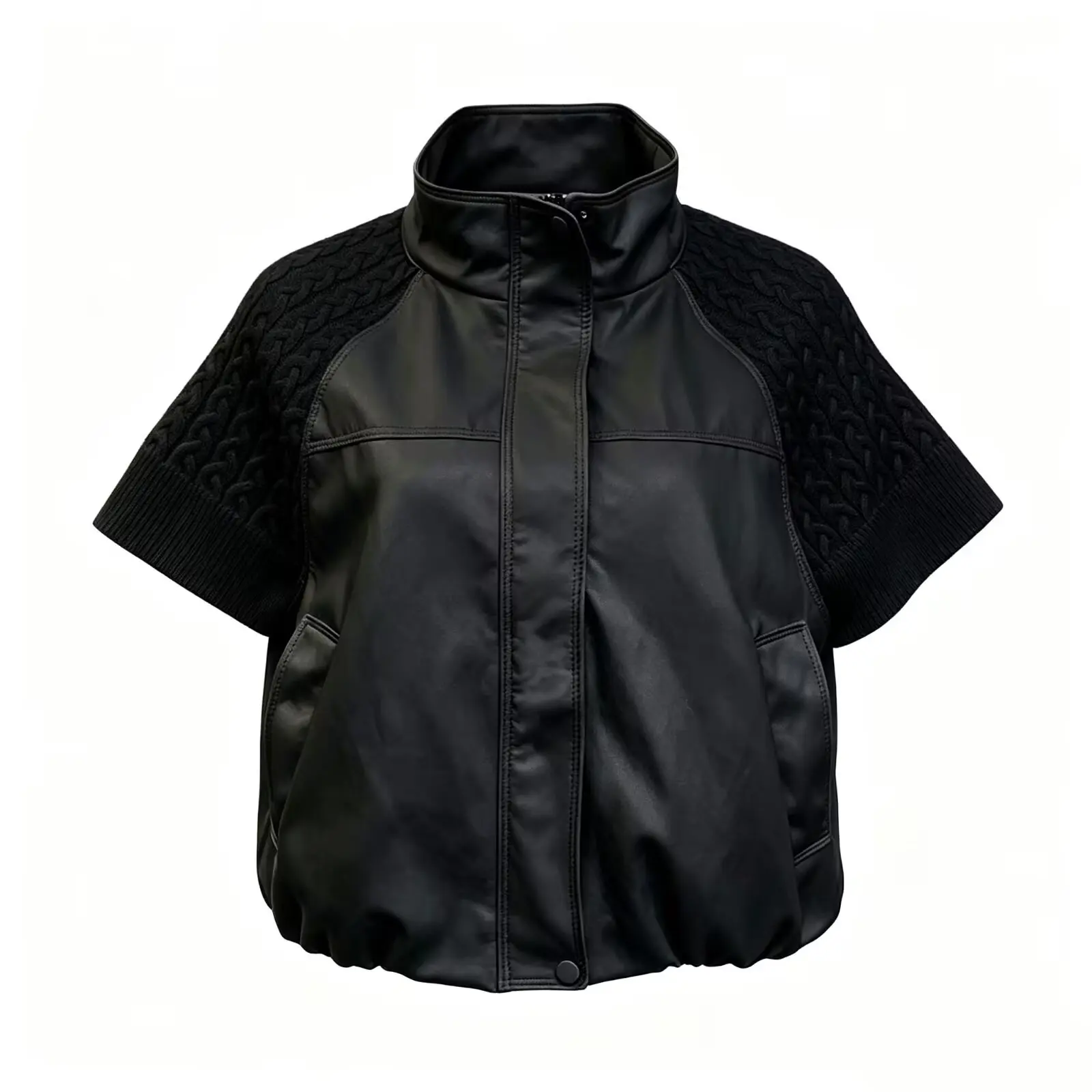 Casual Knitted Splice Fashionable Stand Collar Leather Jacket Women's All-Match Style Standard Fit Polyester Fiber Coat