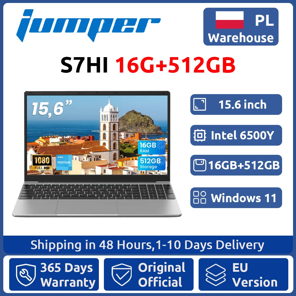 Jumper Laptop, 15,6 inch FHD-scherm, 16 GB RAM, 512 GB SSD (uitbreidbaar met 512 GB via TF-kaart), 6500Y-processor (tot 3,4 GHz), lichtgewicht notebook voor zakelijk gebruik en studenten, 2