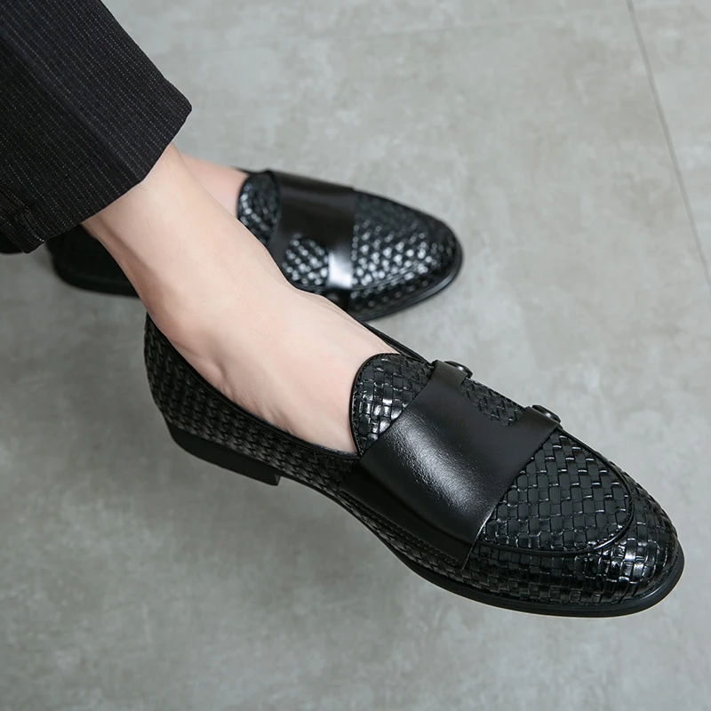 British Style Weave Pattern Microfiber Leather Monk Shoes Mens Buckle Party Wedding Loafers Moccasins Men Driving Flats