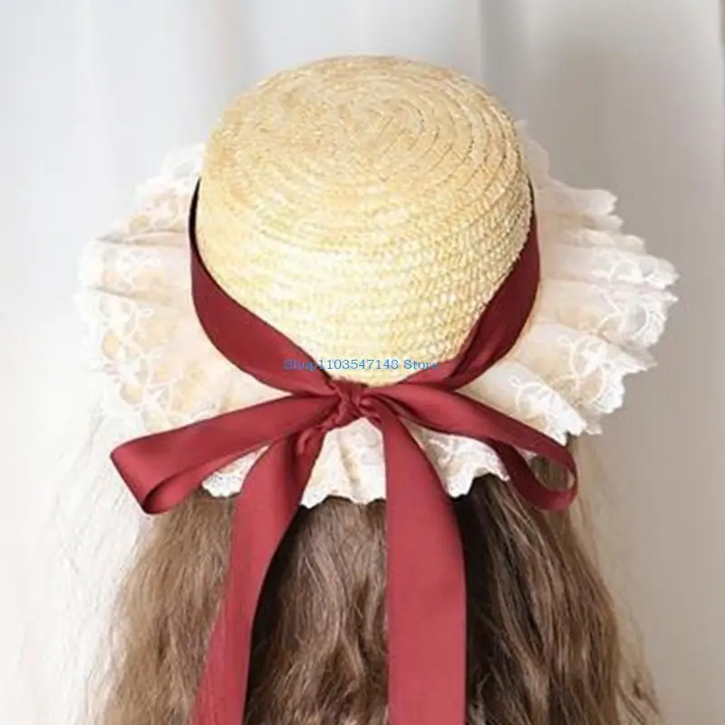 

P88B Ribbon Straw Beach Hats For Women Wide Brim Summer for Sun Hat Big Brim Flat Hat