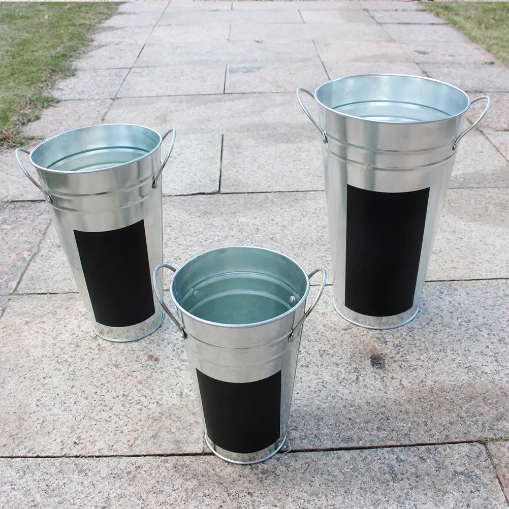 1Pcs Galvanized Flower Bucket Iron Sheet with Waterproof Blackboard Sticker Hydroponics Flower Container Shop Display Floral