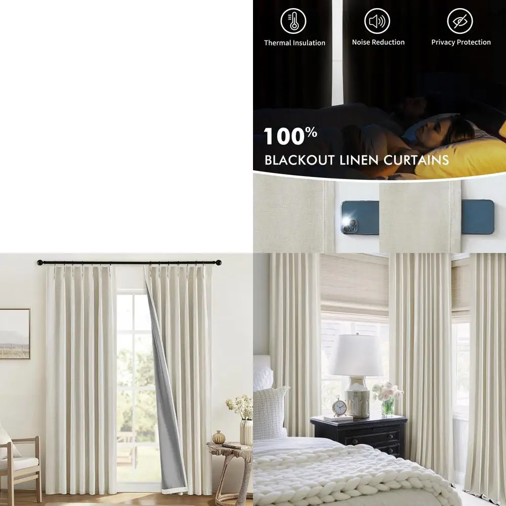 

Кремовые тройные плиссированные плотные шторы, 92 для спальни, комплект из 2 панелей с крючками, натуральный лен