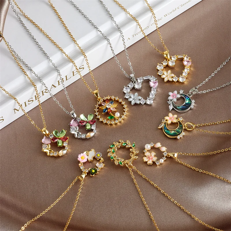 Vintage Bohemia Colorful Zircon Crystal Flower Pendant Stainless Steel Women Necklaces Female Clavicle Chain Jewelry Wholesale