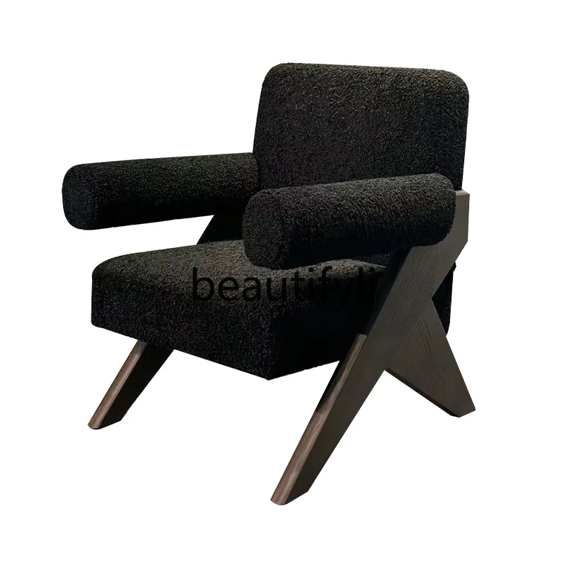 

Medieval style living room single sofa chair original study retro lamb wool bedroom leisure chair