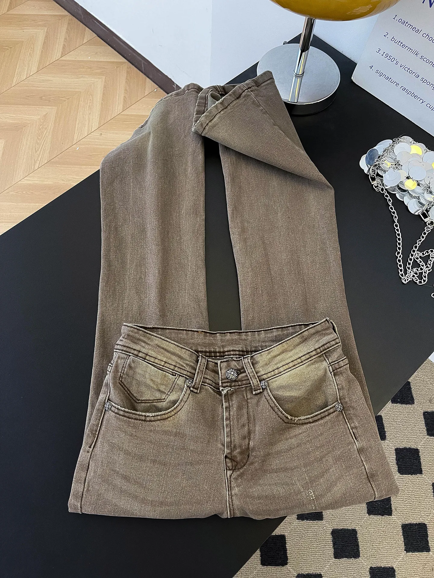 

Джинсы-клеш с низкой посадкой, винтажные, коричневые, облегающие, эластичные, в пол, с эффектом потертости, в стиле Y2K, для женщин