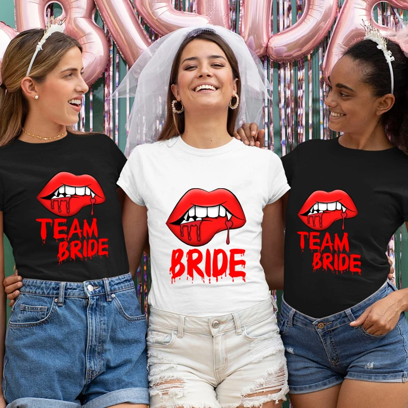 

Vampire Red Lips Team Bride T Shirts Pink Bride To Be Squad Evjf T Shirt New Bachelorette Hen Party Bridesmaid Tops Tee Harajuku