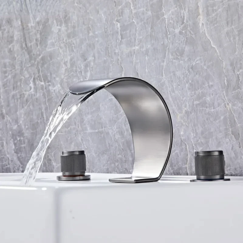 

Three hole waterfall style basin faucet, bathroom countertop hot and cold water mixer tap morden toilet