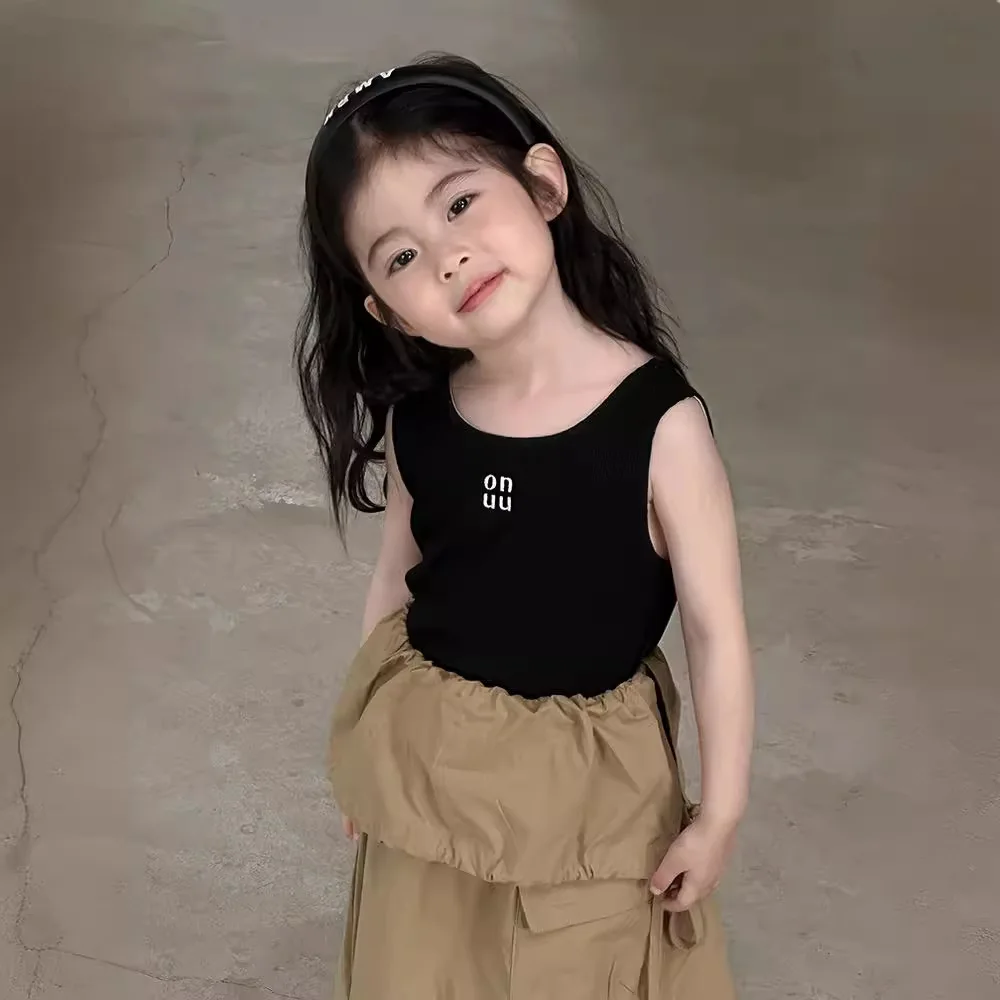 Baby Girl Top Children Embroidered Letter Vest 2024 New Summer New Girls Waffle Sleeveless Comfort Soft Simple Top T-shirt