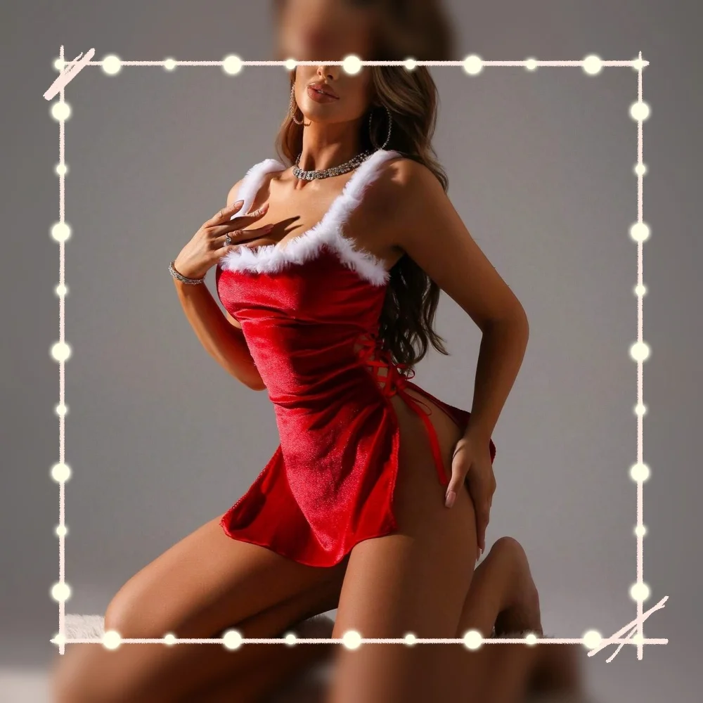 

Christmas Womens Dresses Fluffy Velvet Dress Thong 2PC Set Sparkling Red Split Strap Up Elegant Party Cosplay Costume