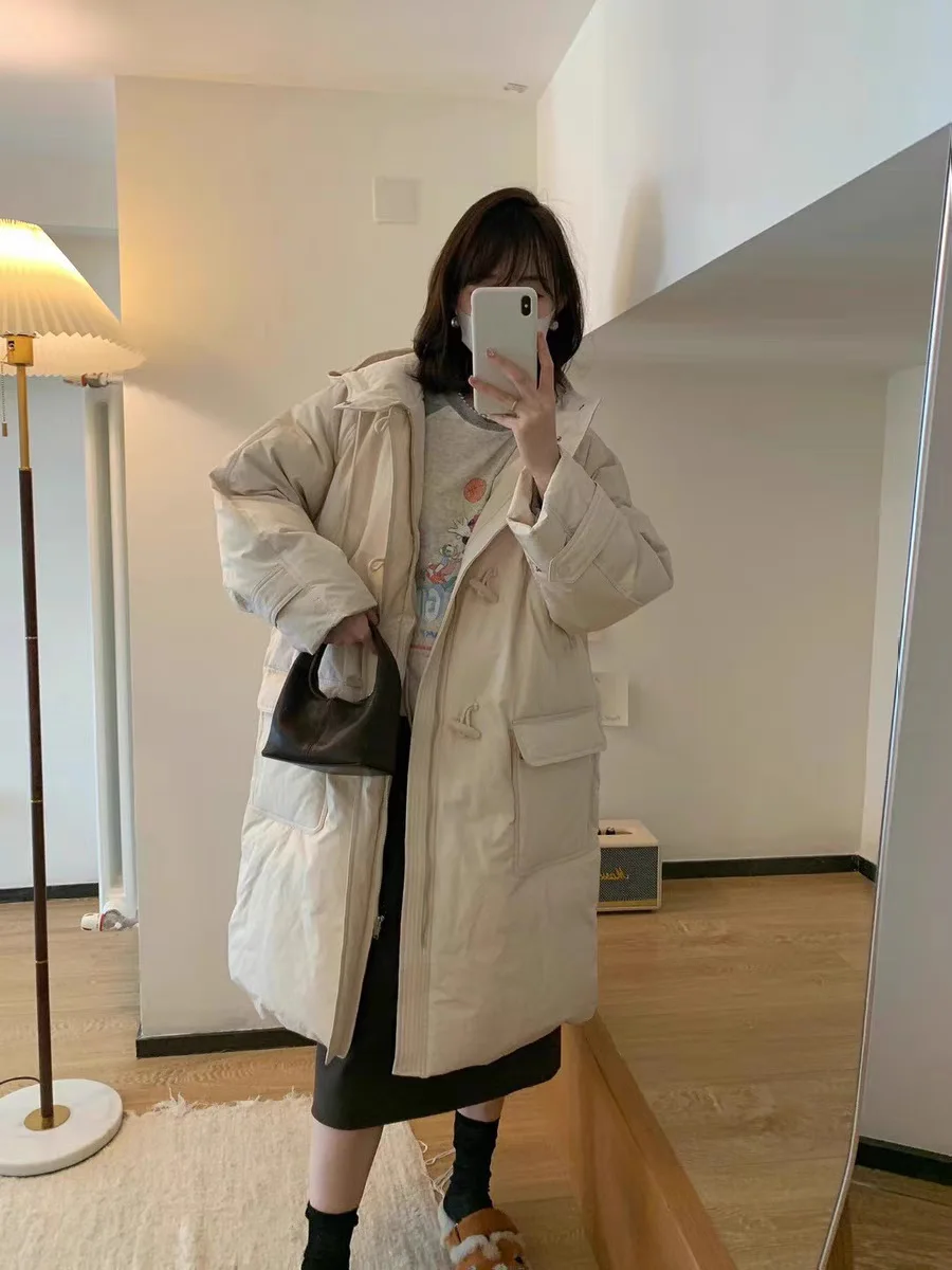 

Зимняя женская куртка-пуховик с капюшоном из утиного пуха, корейский стиль, свободный крой, нейлоновая ткань, длинный рукав, теплая, утолщенная, модель Brni, коллекция Зима 2026