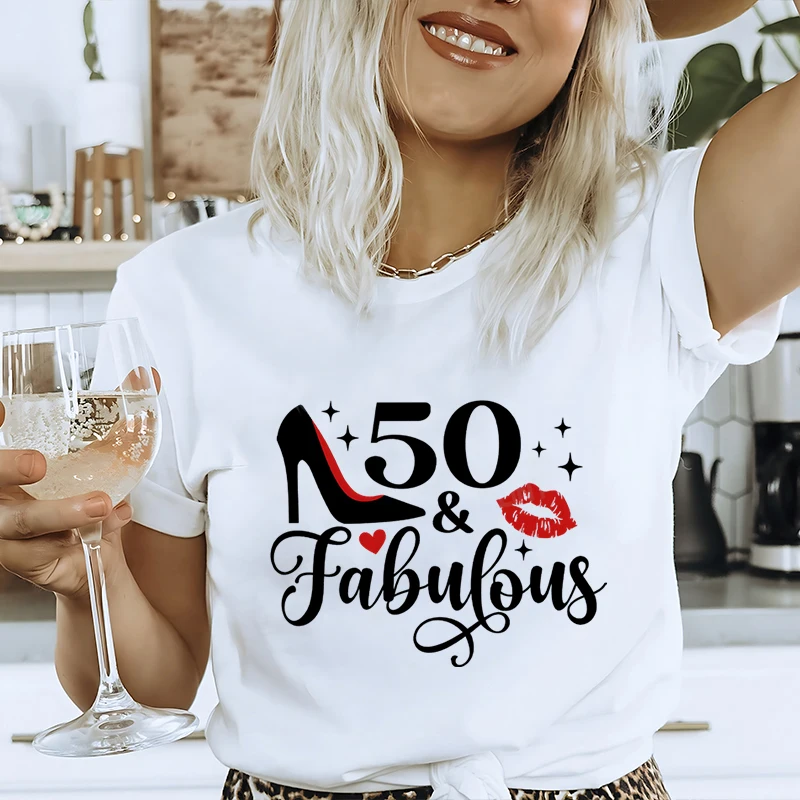 50th Birthday Boos Women T-shirt Shiny Diamond Graphic Tops Ladies 50th Fabulous Birthday Party Clothing Short Sleeve Tees