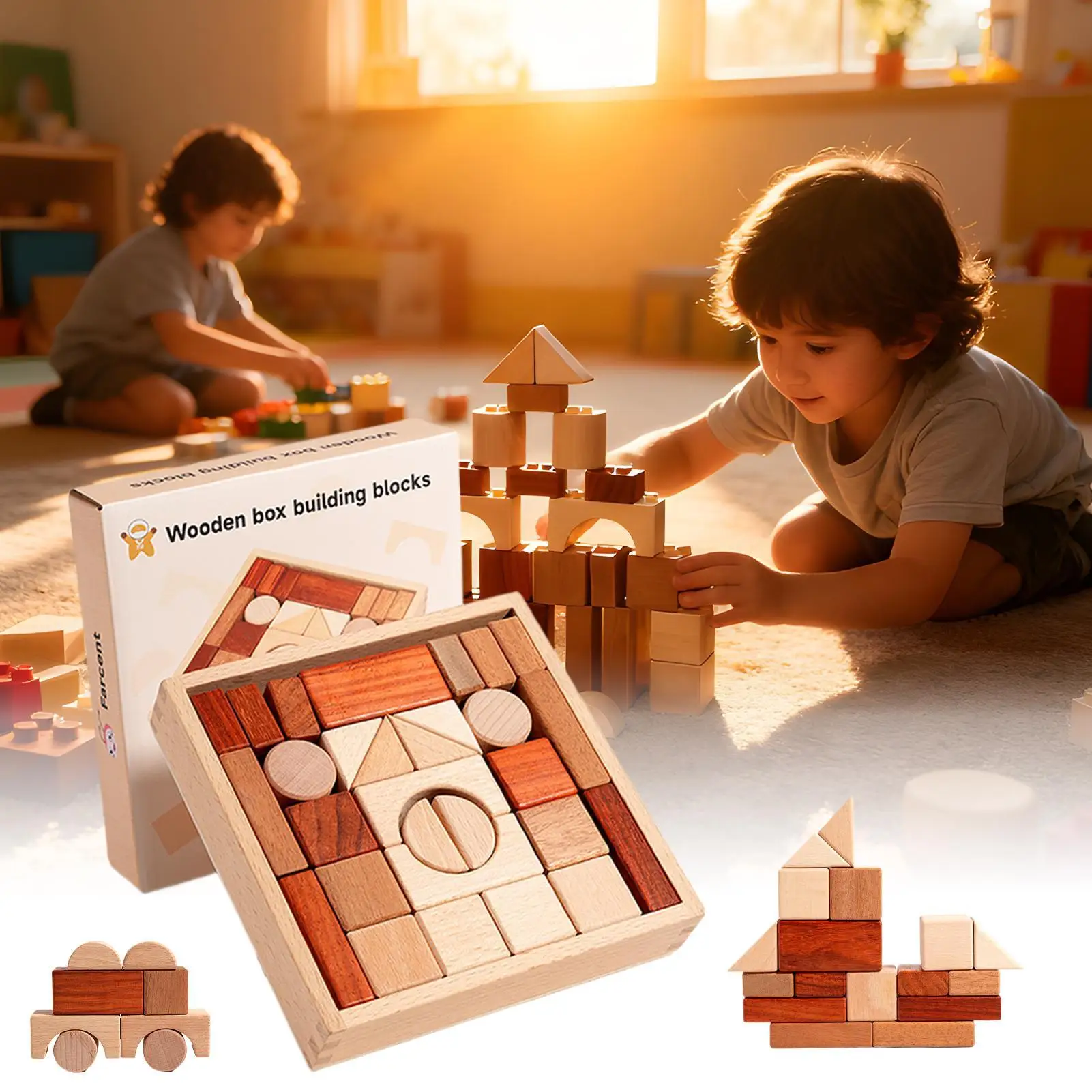 Juego de bloques de madera, juguete educativo de aprendizaje para niños pequeños, juguete de aprendizaje de bloques de madera Natural para juegos preescolares, juego para bebés