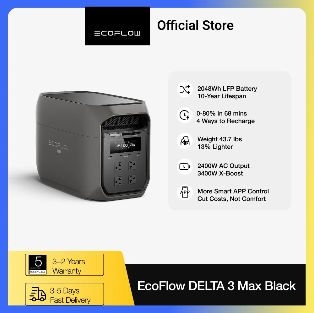 ECOFLOW 20W Charger with Portable Power Station DELTA 3 MAX Black, 2048Wh LiFePO4 Battery, 3400W X-Boost Output, Ultra-Fast 0-80% Charging in 1.13 Hr
