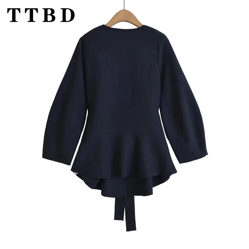 TTBD 2024 New Autumn Woman's Casual V-Collar Blazer Coat Women Clothing Fashion Long Sleeve Solid Color belt Loose Fit Top