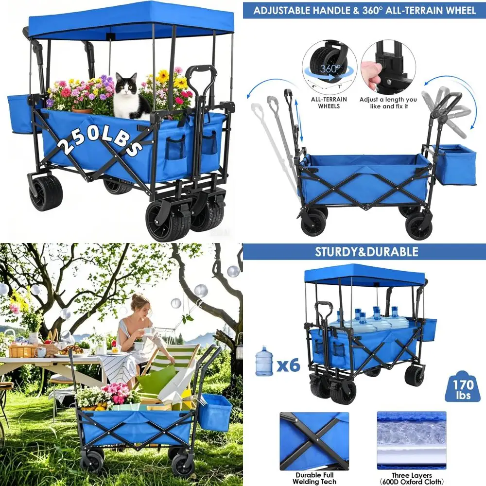 

Extra Large Foldable Wagon with Removable Canopy, 250lbs/262L Capacity, Garden Cart with Rear Storage, Heavy Duty for Outdoor Us