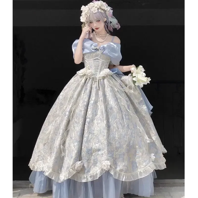 

Spring Luxury Jacquard Bow Ruffles Flower Party Midi Dress Vintage Long Fairy Dress Elegant Lolita Evening Princess Dress Women