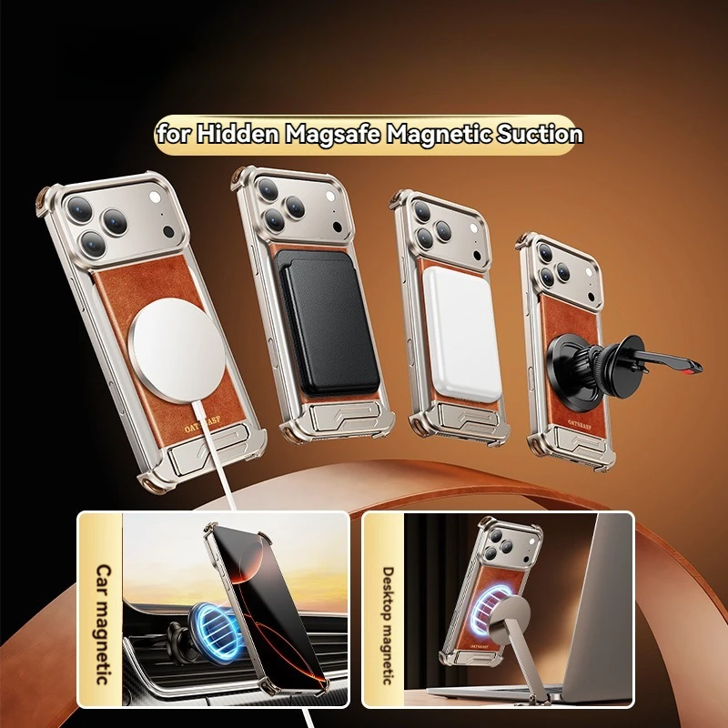 Classic Solid Color Metal Aluminum Alloy Genuine Leather Phone Case for iPhone 17 Pro Max with Hide Bracket