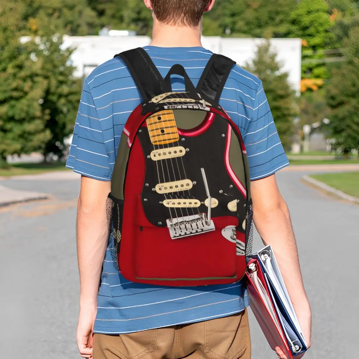 Red Cartoon Electric Guitar Backpack Student BookBag Children School Bag Computer Shoulder Bags for Boys Girls