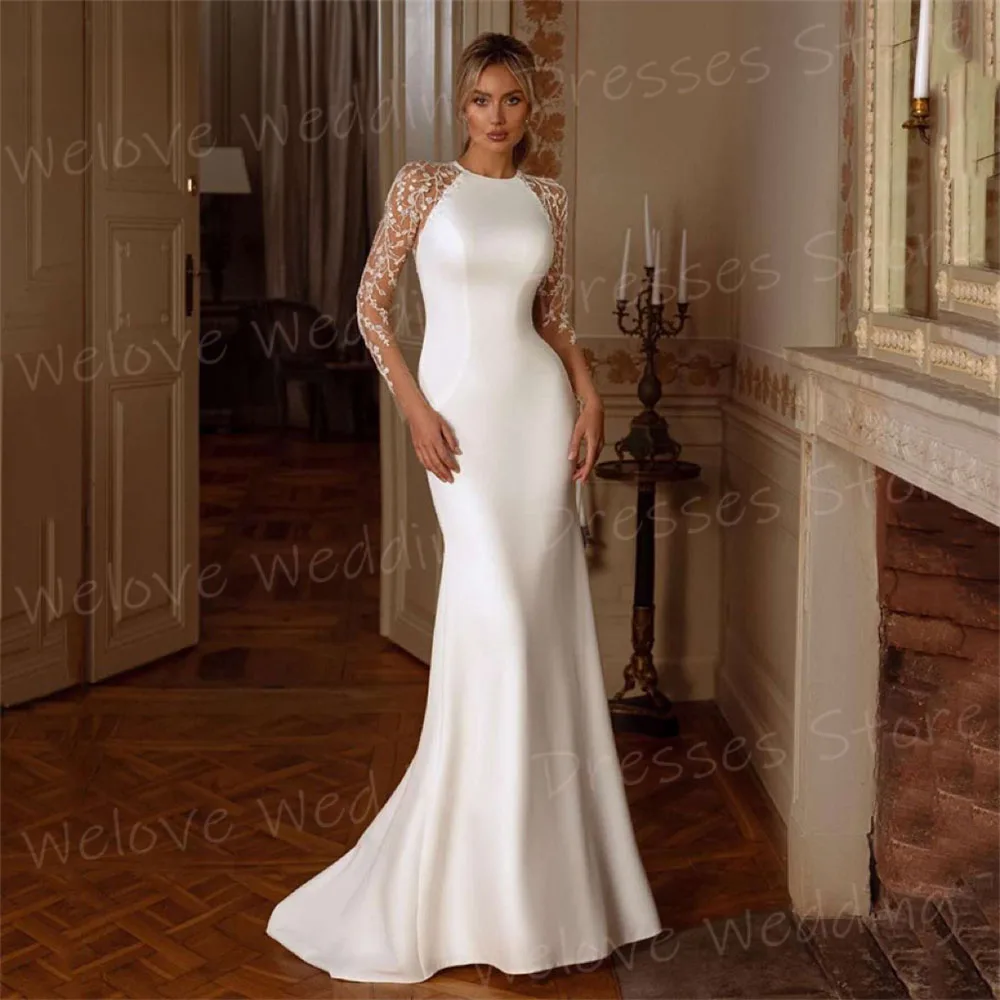 

Sexy Mermaid Charming Women's Wedding Dresses Simple New Appliques Bride Gowns Generous O Neck Long Sleeve Vestidos Novias Boda