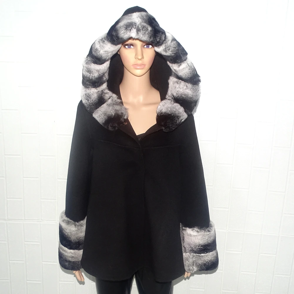 Double faced wool  Short  coat  women wool  hood  coat real fur 100% wool handmade Real wool coat girl  real fur